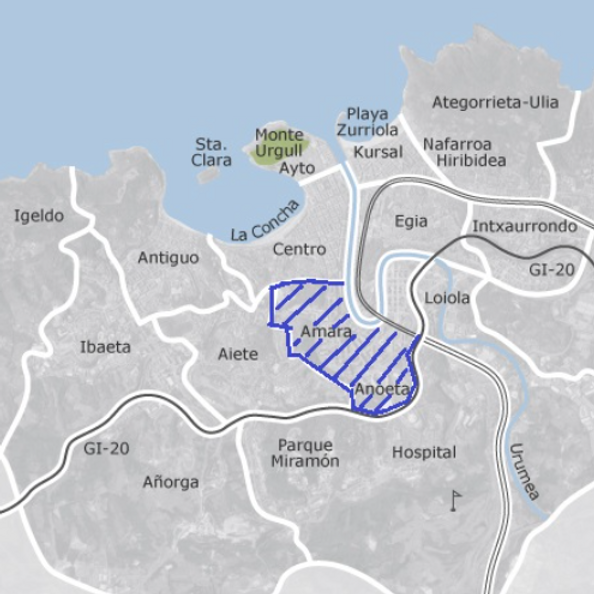 Map showing the location and extent of the Amara neighbourhood in San Sebastian